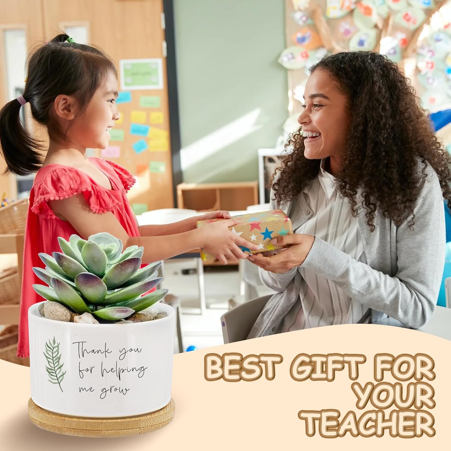 Tarklanda 6Pcs Teacher Appreciation Gifts Succulent Pots Mini Ceramic Plant Pots with Bamboo Tray Green Plants Pots Planters for Best Teacher Thank You for Helping Me Grow Plants Not Included