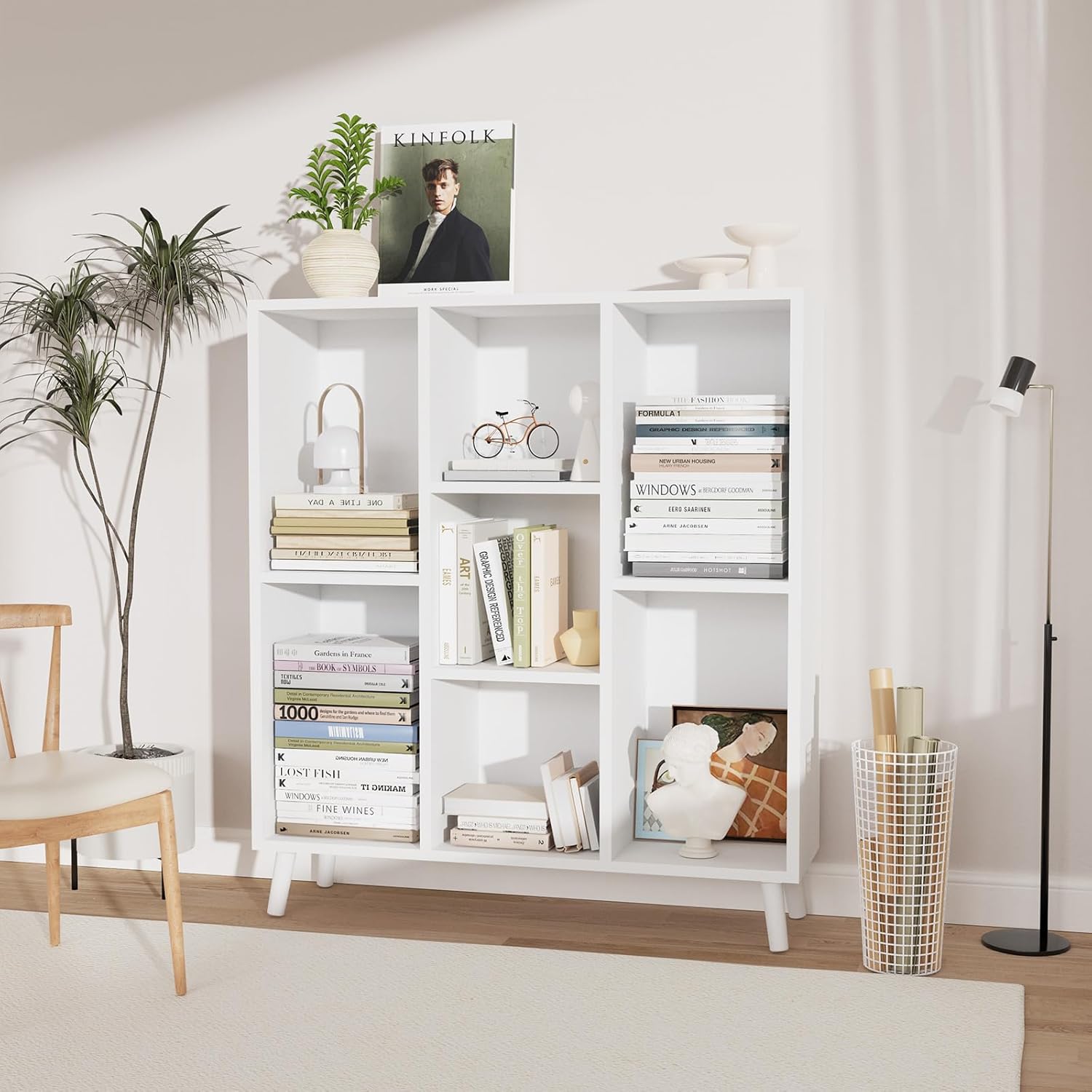 Lkeiyay 8-Cube Storage Shelf Low Bookcase,3-Tier Freestanding Storage Display Cabinet Organizer with Wooden Legs for Home Office,Open Cube Short Bookshelf, Oak