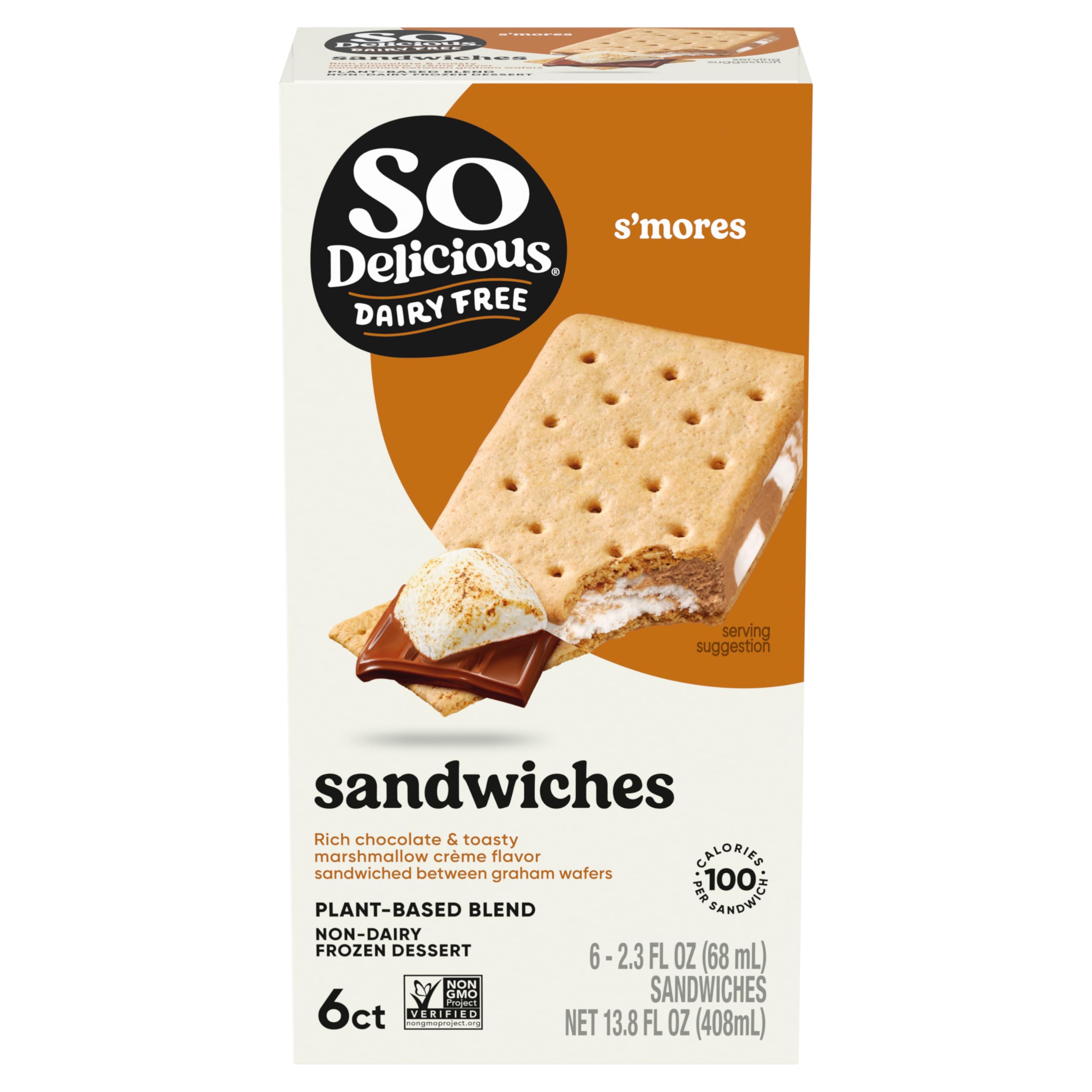 So Delicious Plant Based Blend Frozen Dessert Sandwiches, S'mores, Dairy Free, Vegan Ice Cream Sandwich Alternative, Non-GMO, Kosher, 6 Count