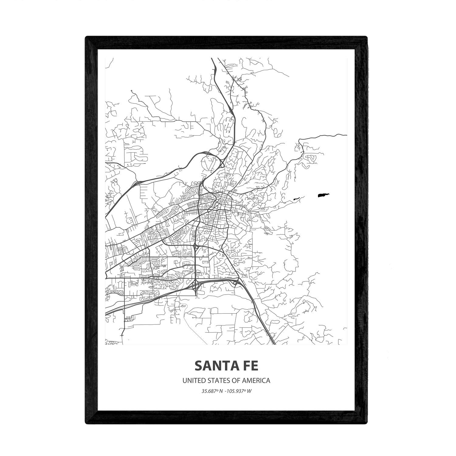 Nacnic Poster with map of Santa Fe - USA. Sheets US cities with seas and rivers in black color. A4 size — image 1