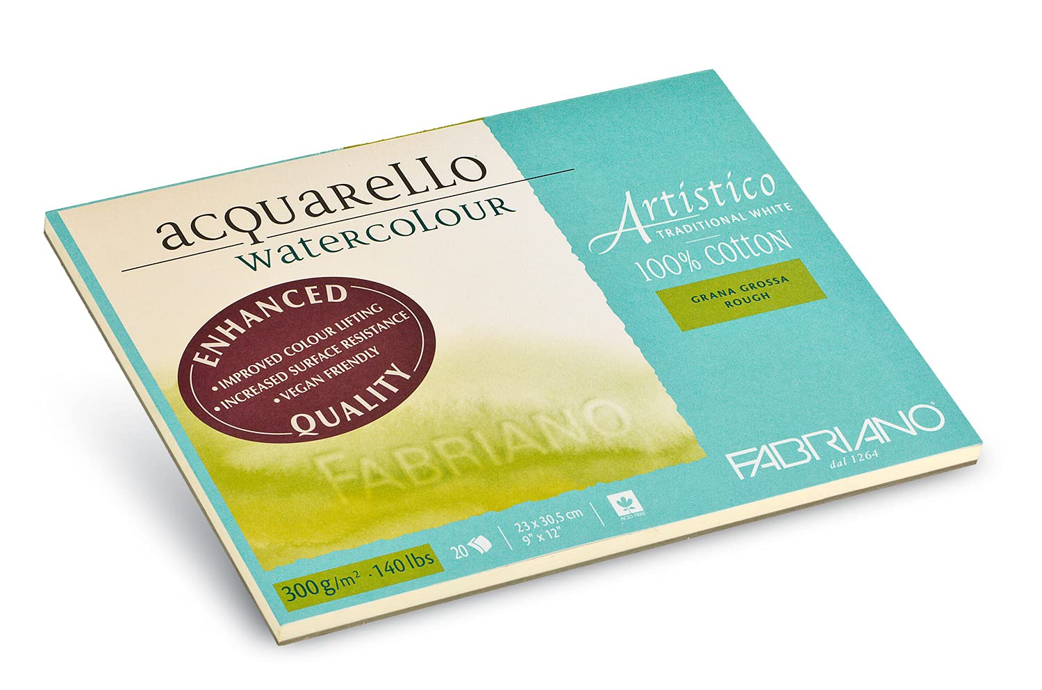 Honsell Fabriano Artistico Acquarello Watercolour Aquarelle Blanc Naturel Grain épais 23 x 30,5 cm 20 Feuilles 300 g/m² Papier cartonné de qualité supérieure avec 4 côtés collés