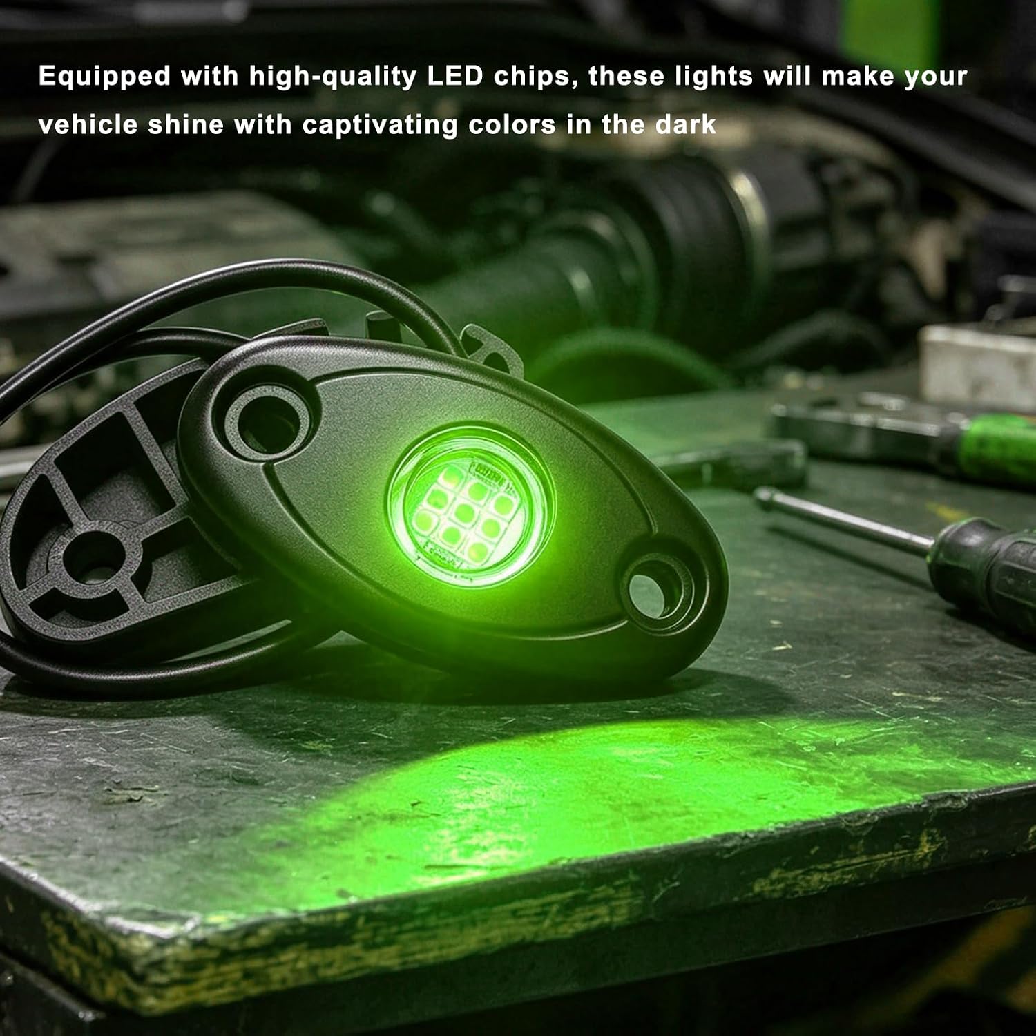 4 PCS Rock Lights for Trucks, LED High Brightness Neon Trail Rig Lamp with Bolts & Nuts, IP67 Waterproof Underglow Fender Light with Wires for Cars SUVs Boats RVs ATVs (Green)