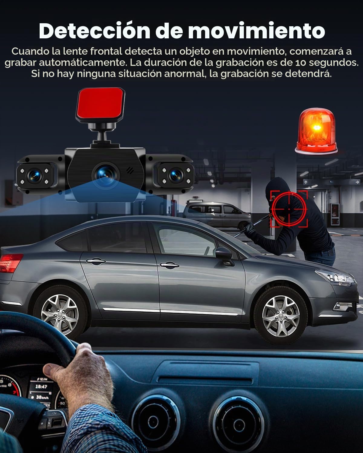 Cámara para salpicadero de 4 Canales y 1080p - cámaras Delantera, Izquierda, Derecha y Trasera, Pantalla de 3 Pulgadas, visión Nocturna por Infrarrojos, grabación en Bucle y detección de Movimiento