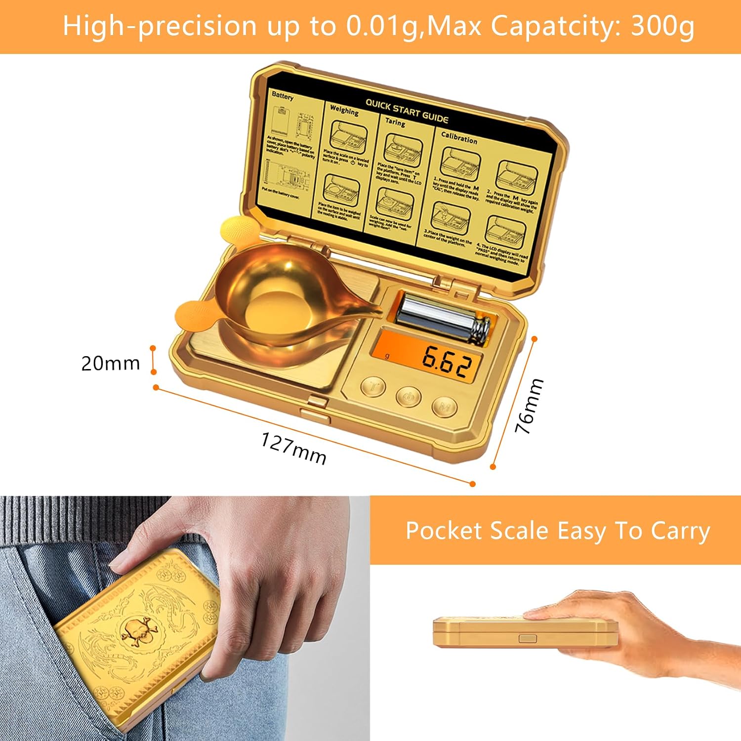 GRAM PRES Digital Pocket Gram Scale 300g x 0.01g Accuracy，with 50g Weights