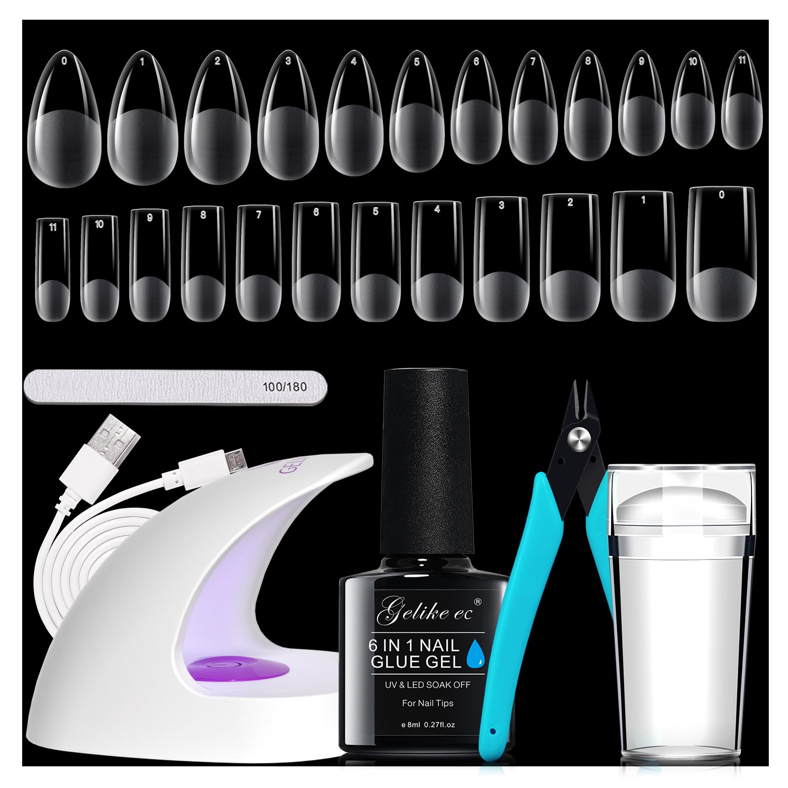 Gelike ec Nageltips und Nagelkleber Kit: Nail Extension Set Mini Nagellampe 6 in 1Nagelkleber 240pcs Soft Gel Full Cover Nageltips French Nagelstempel and Nagelknipser-Mittlere Mandel&Quadrat