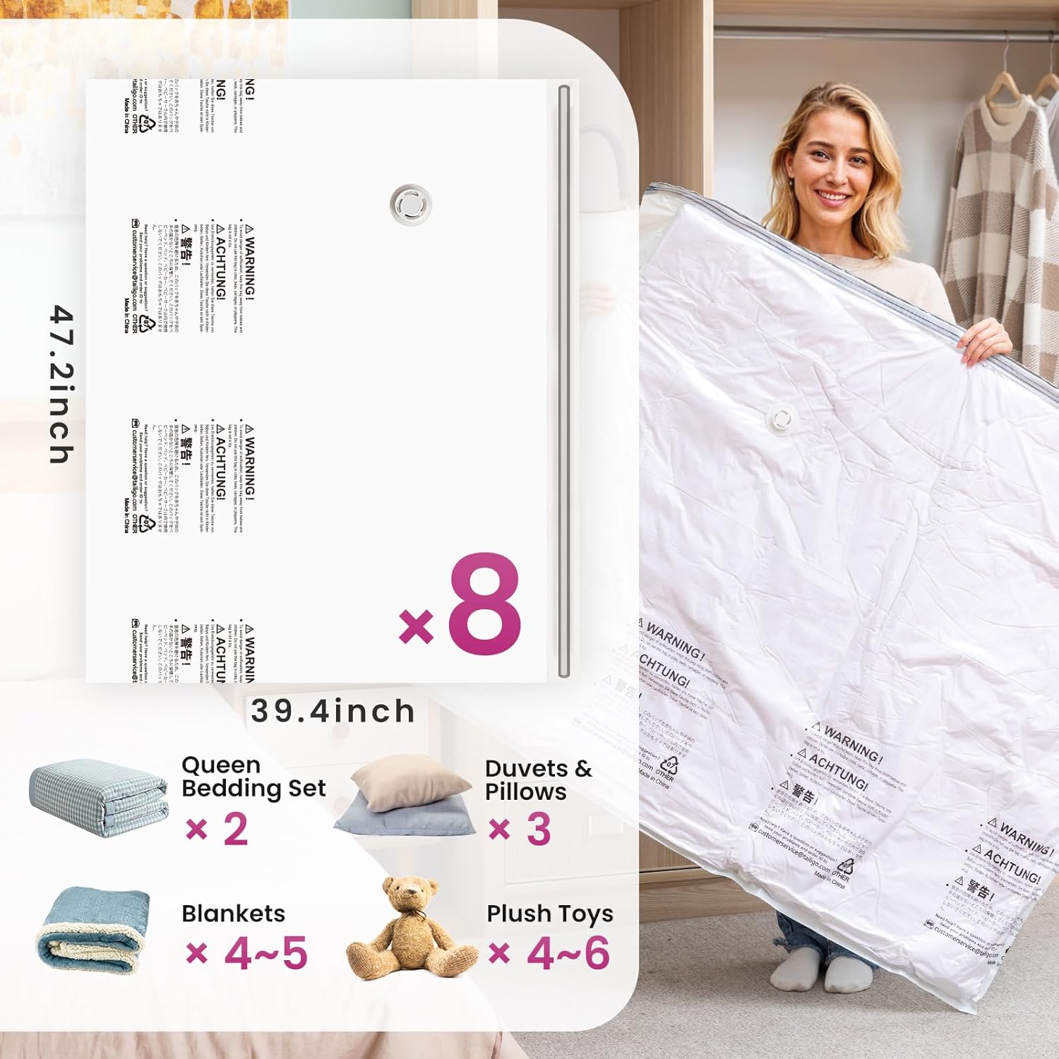 TAILI 8 Pack Vacuum Storage Bags for Comforter and Blankets, XXL Jumbo Vacuum Seal Bags for Bedding (47x39 Inch), Huge Space for Toy, Bedding, Pillows, Save More Closet Space