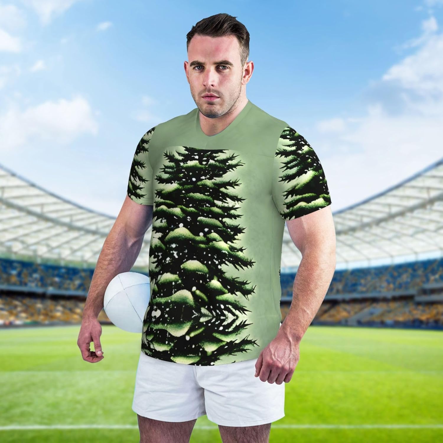 Pine Needle Tree Winter Landscape Rugby Football Jersey for Men, Comfortable V-Neck Loose Fit Top for Team Sports Athletics