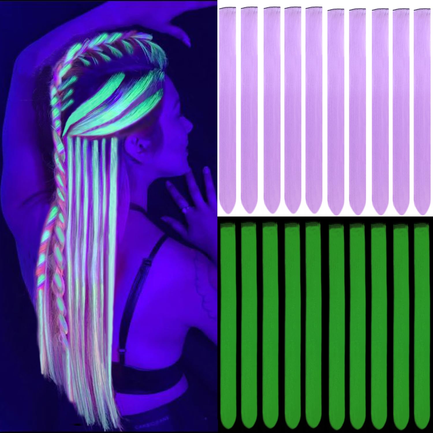 10PCS Glow in the Dark Hair Extensions 20inch Colorful Clip In Hair Extension Multicolor Glow in the Dark Hair Accessories