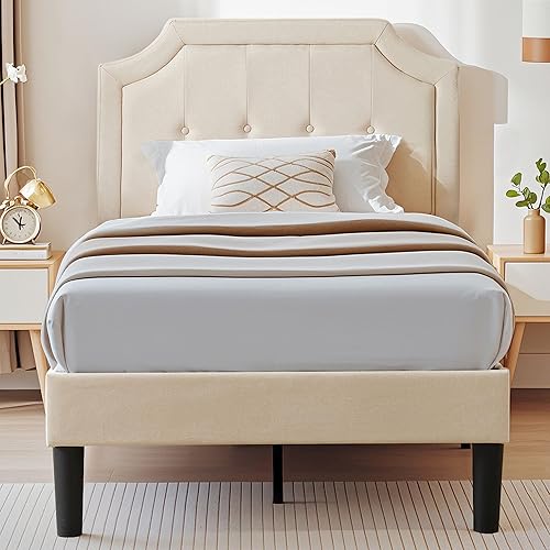 VECELO Base de cama de plataforma tapizada individual con cabecera de panel cosida con botón ajustable, soporte de listones de madera fuerte, diseño