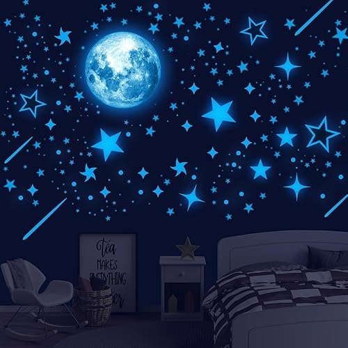 Estrellas que brillan en la oscuridad para techo, estrellas de cielo estrellado y luna, decoración de pared del sistema solar espacial y planetas