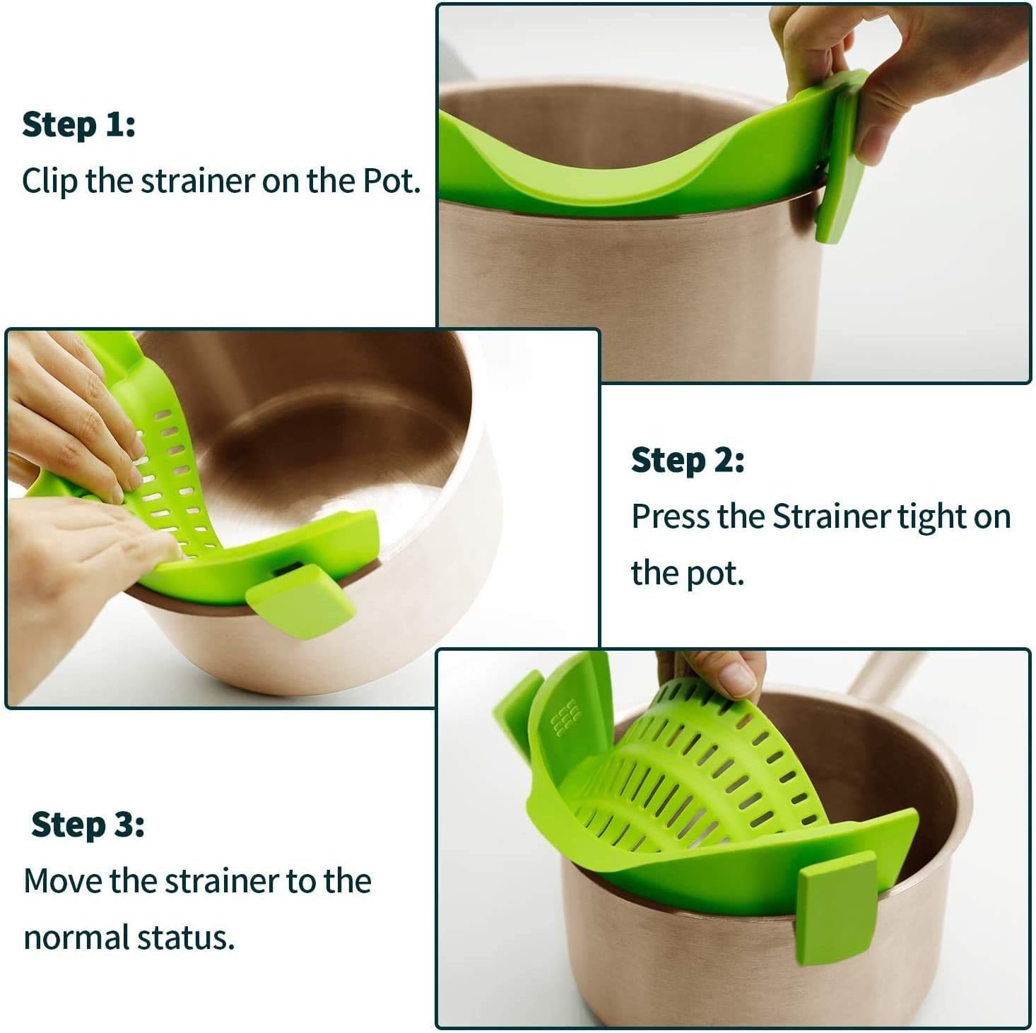 AUOON Clip On Strainer for Pots, 2Pack, Standard 8.86 x 3.55 in, BlackGreen