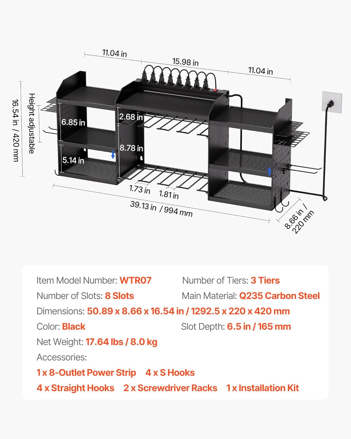 VEVOR Power Tool Organizer with Charging Station, 3-Layer Power Tool Battery Storage Rack with 5.58 ft Power Strip, 8 Drill Holders & 8 Outlets, Garage Tool Organizer for Garage, Workbench, Workshop