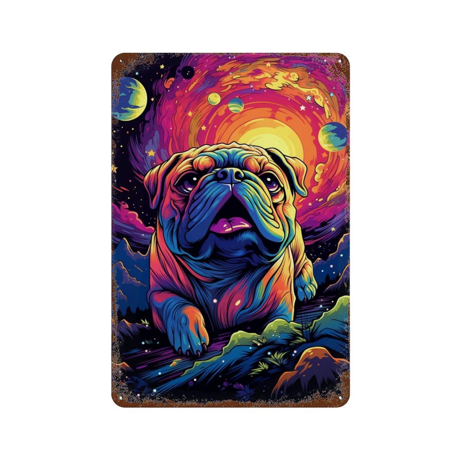 Cosmic Pug Adventure Weathered Tin Sign 11.8"x7.9", Farmhouse Wall Decor for Garage, Pub Or Kitchen