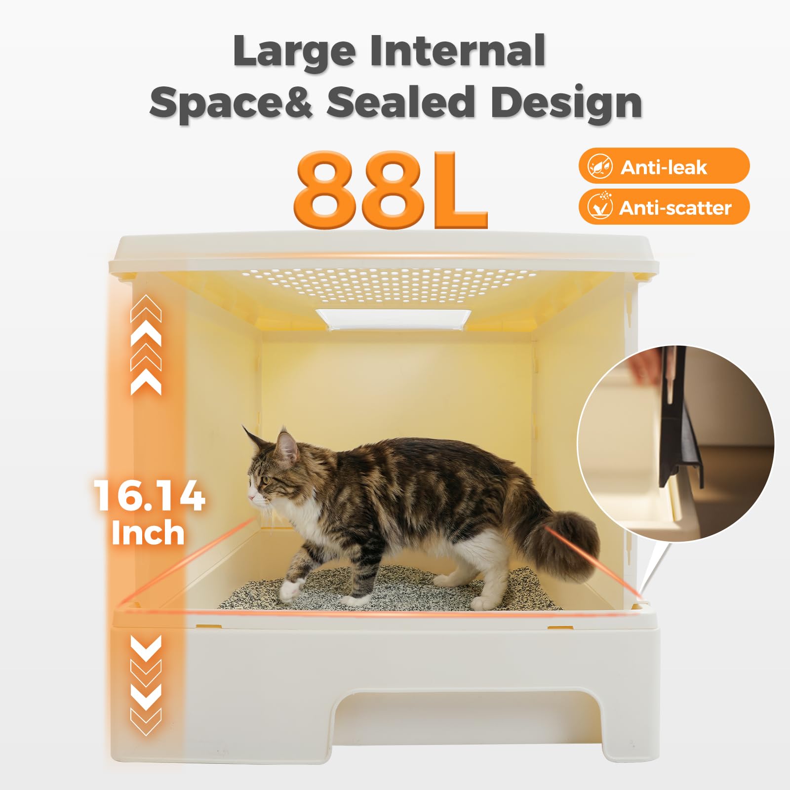 PEQULTI Caja de arena grande para gatos con tapa, caja de arena cubierta de alta capacidad de 88 L, protector de borde elevado antifugas, diseño de cajón extraíble y cuchara grande plegable, entrada