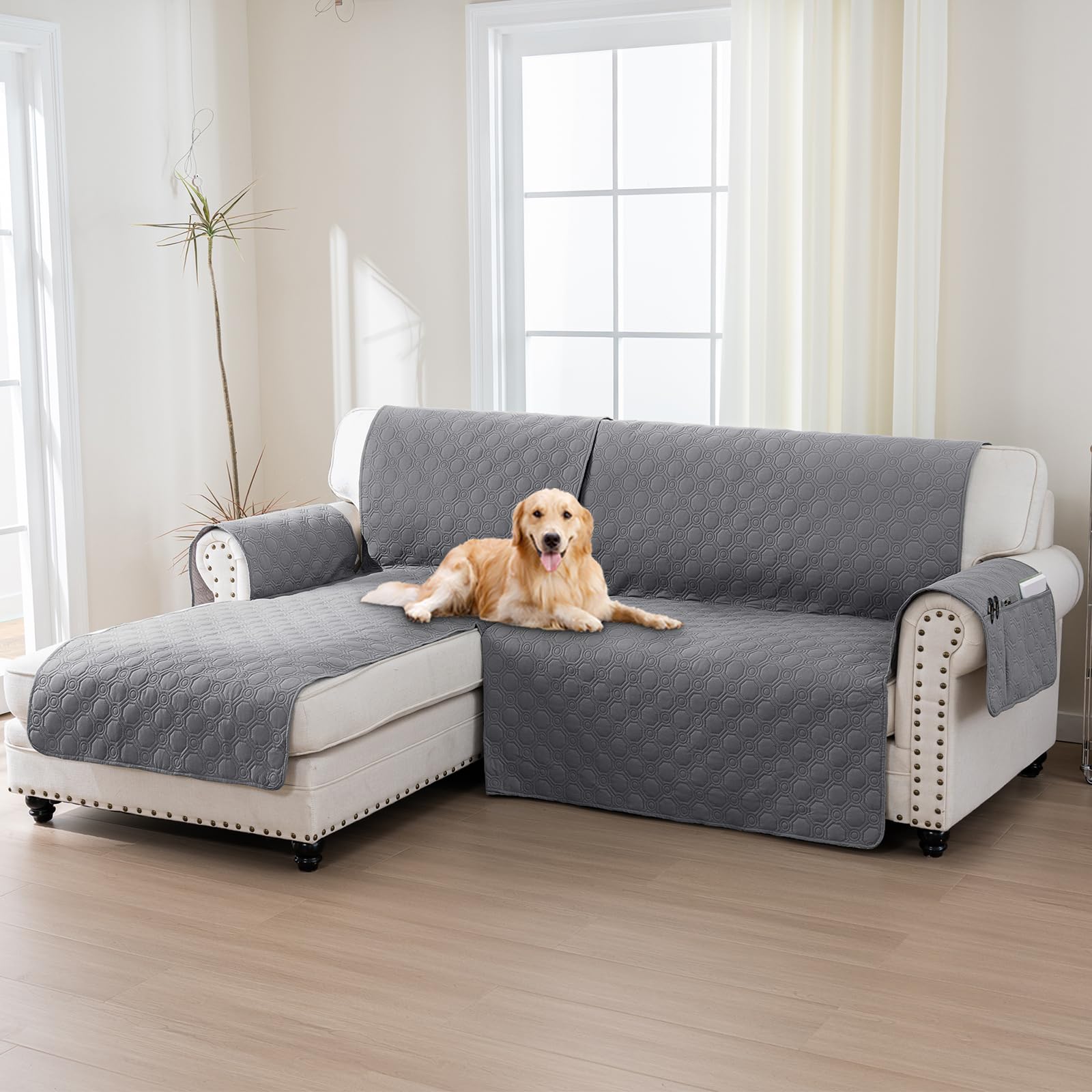 BellaHills 100% Impermeabile Copridivano 2 Posti Con Penisola a Sinistra - Copridivano Angolare - Antiscivolo - Antimacchia - Antigraffio Copridivano, Seduta 205cm, Grigio