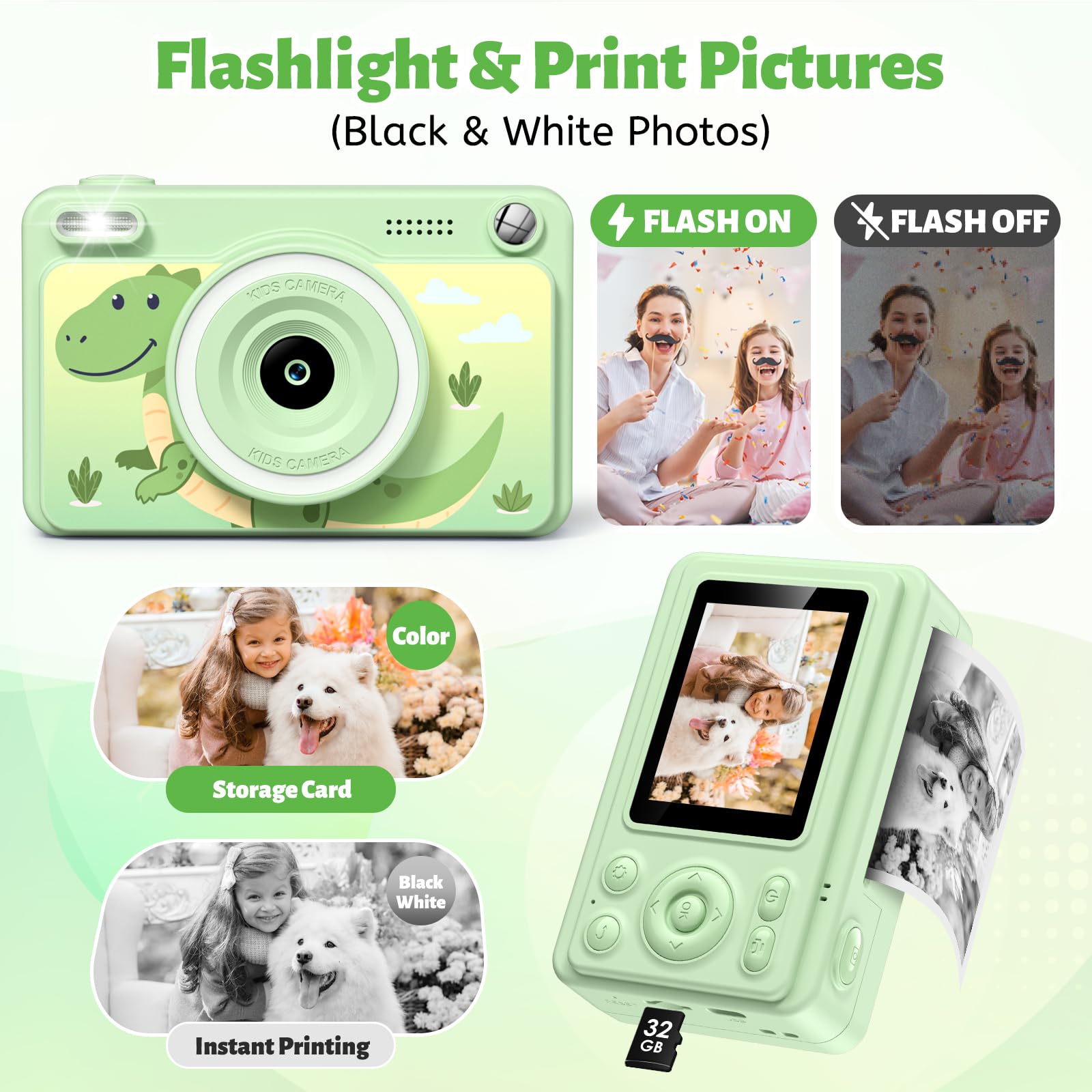 GREENKINDER Appareil Photo Instantané, 2.4" Écran Appareil Photo Enfant avec 32GB & 5 Rouleaux de Papier d'impression, Cadeau Jouet pour Enfant Garçons Filles 3-14 Ans - 4