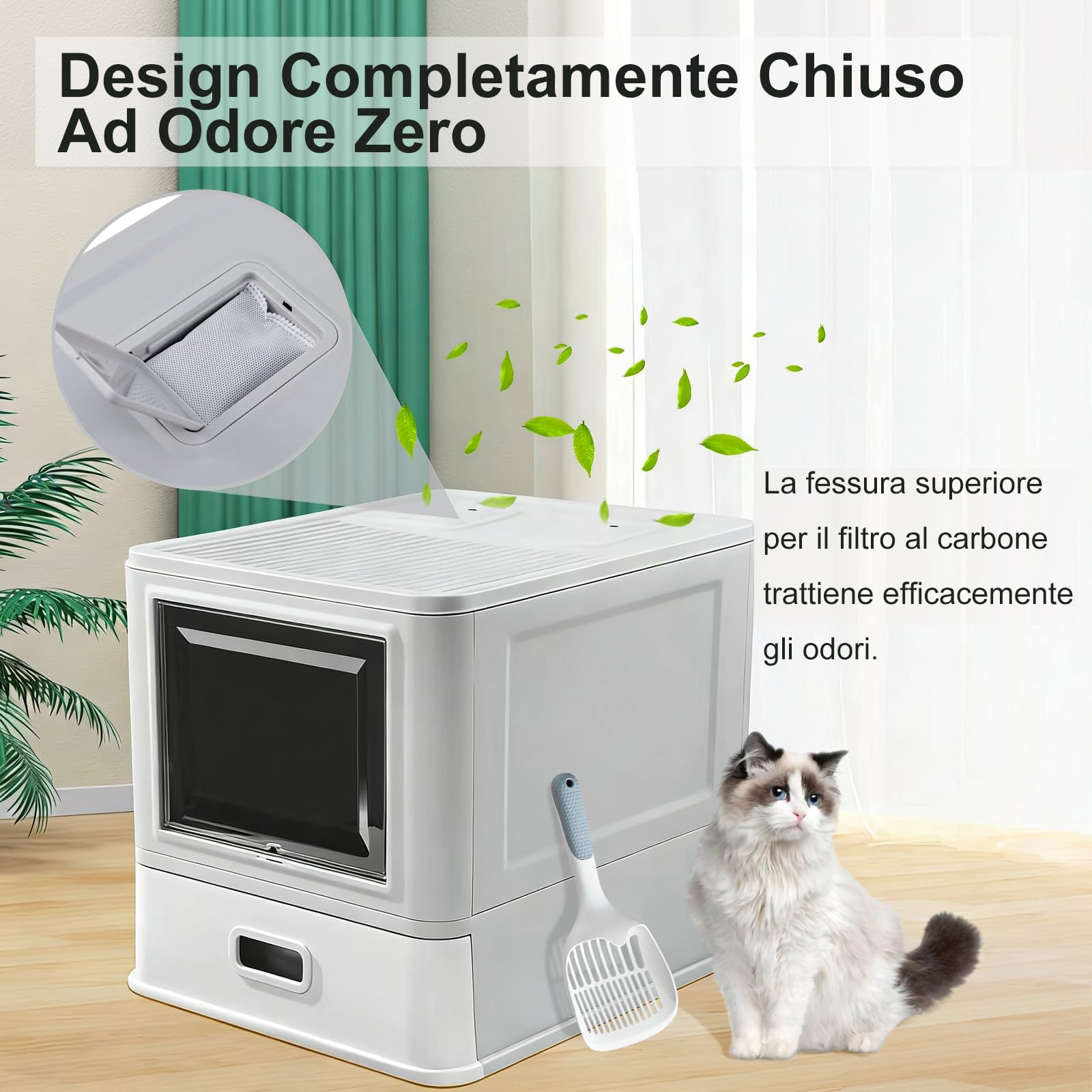Marchul Cassetta Igienica per Gatti Chiusa in Acciaio Inossidabile con Coperchio e Design a Cassetto, con Paratie Anti-Perdite, Paletta e Tappetino, Antiodore, Con base migliorata