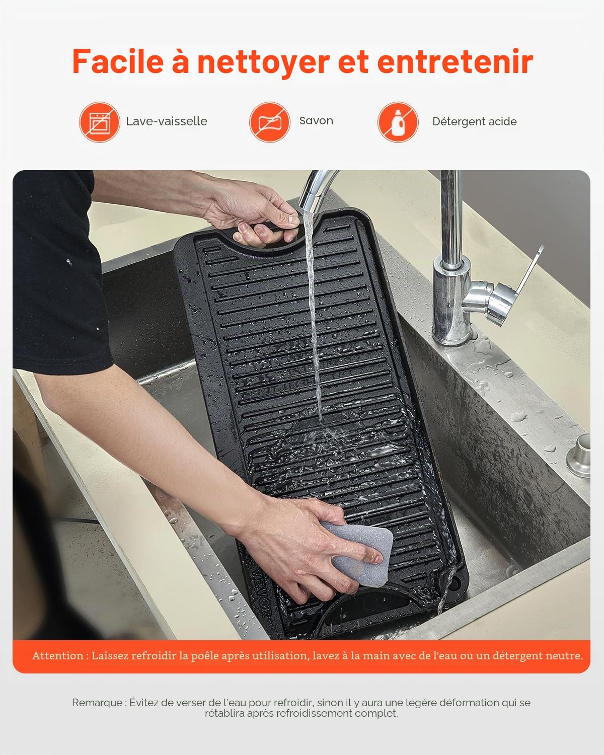VEVOR Plaque de cuisson réversible en fonte, 492x218 mm, plaque-gril pré-assaisonnée portable avec poignée, poêle à griller pour brûleur de cuisinière intérieur/extérieur, gaz, barbecue camping, noir