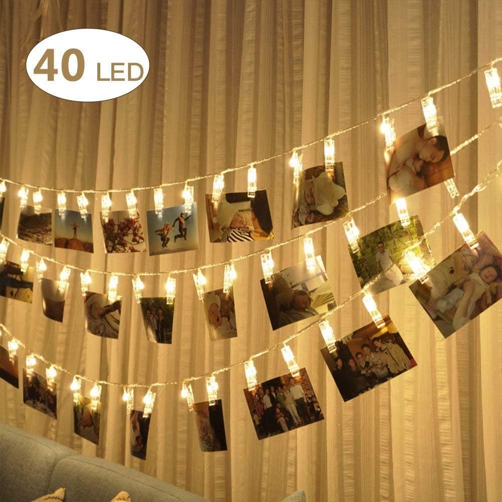 LED Photo Clip String Lights,Besokuse 40 Photo Peg Clips Battery Powered Fairy Twinkle Picture Lights,Wedding Party Christmas Home Decor Lights for Hanging Photos, Cards and Artwork (14Ft,Warm White)