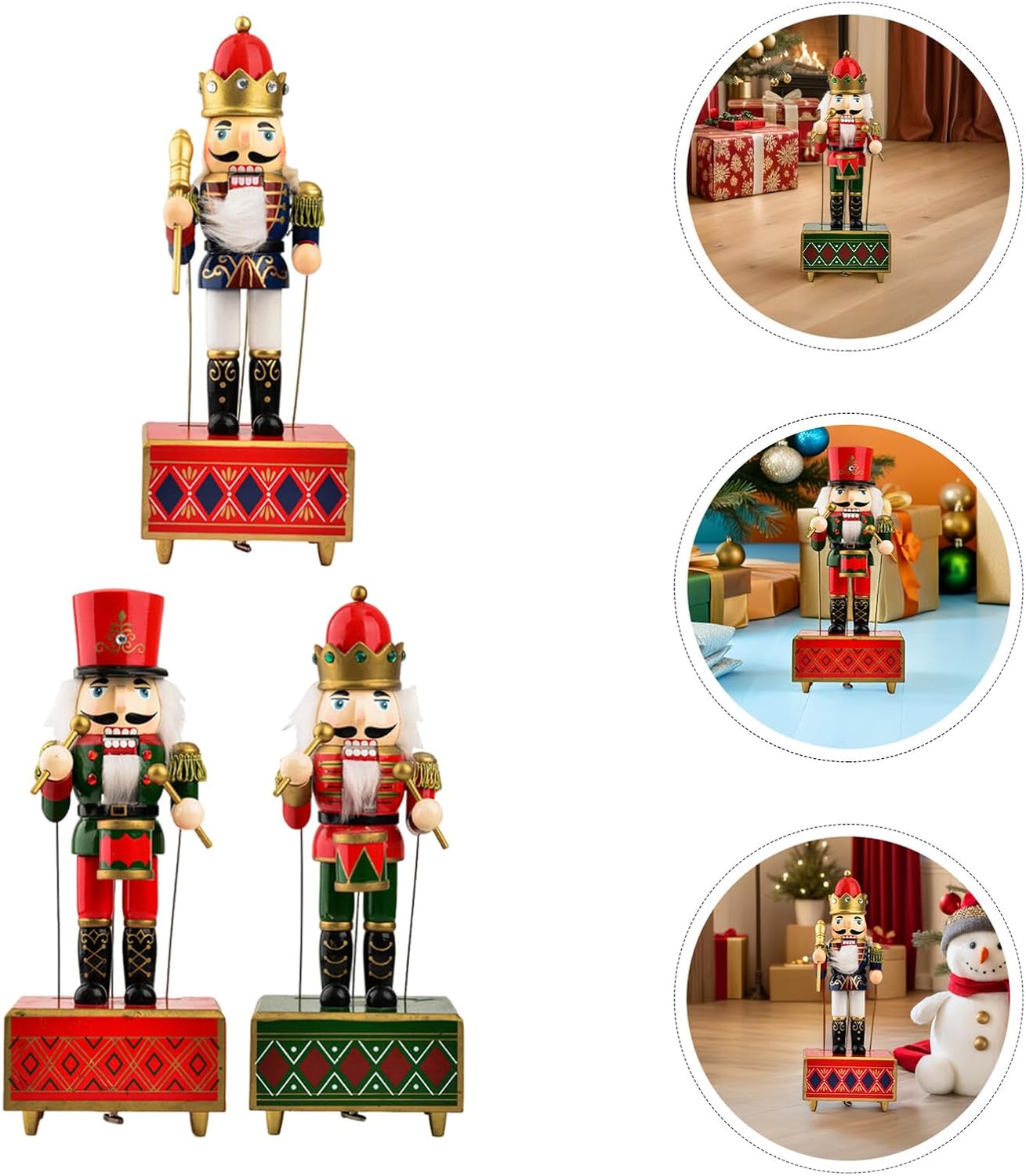 3pcs 32cm Nutcracker Music Boxes Set with Drum and Scepter Wooden Wind-up Xmas Decoration for Holiday Table Centerpieces and Christmas Home Display