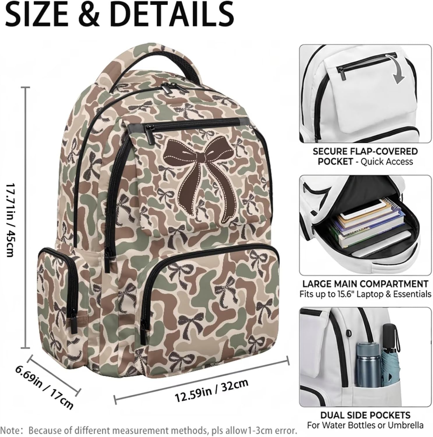 Duck Camo Bow Kids 4 Piece Backpack Set, 17 Inch School Backpack with Lunch Bag, Pencil Case and Water Bottle Holder, Lightweight Durable School Bag for Daily Use