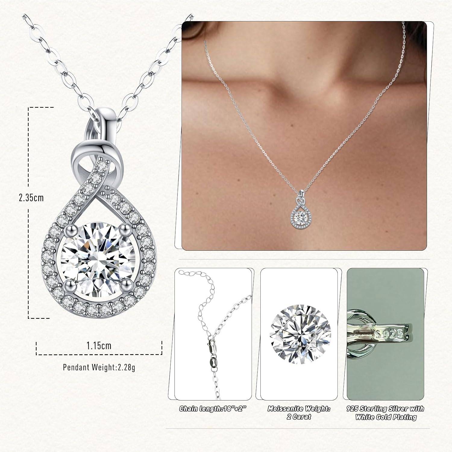 Moissanite Necklace for Women, 2 Carat D Color VVS1 Moissanite 925 Sterling Silver Pendant Necklace Jewelry, Anniversary Birthday Gifts for Wife Mom Girlfriend - Image 7