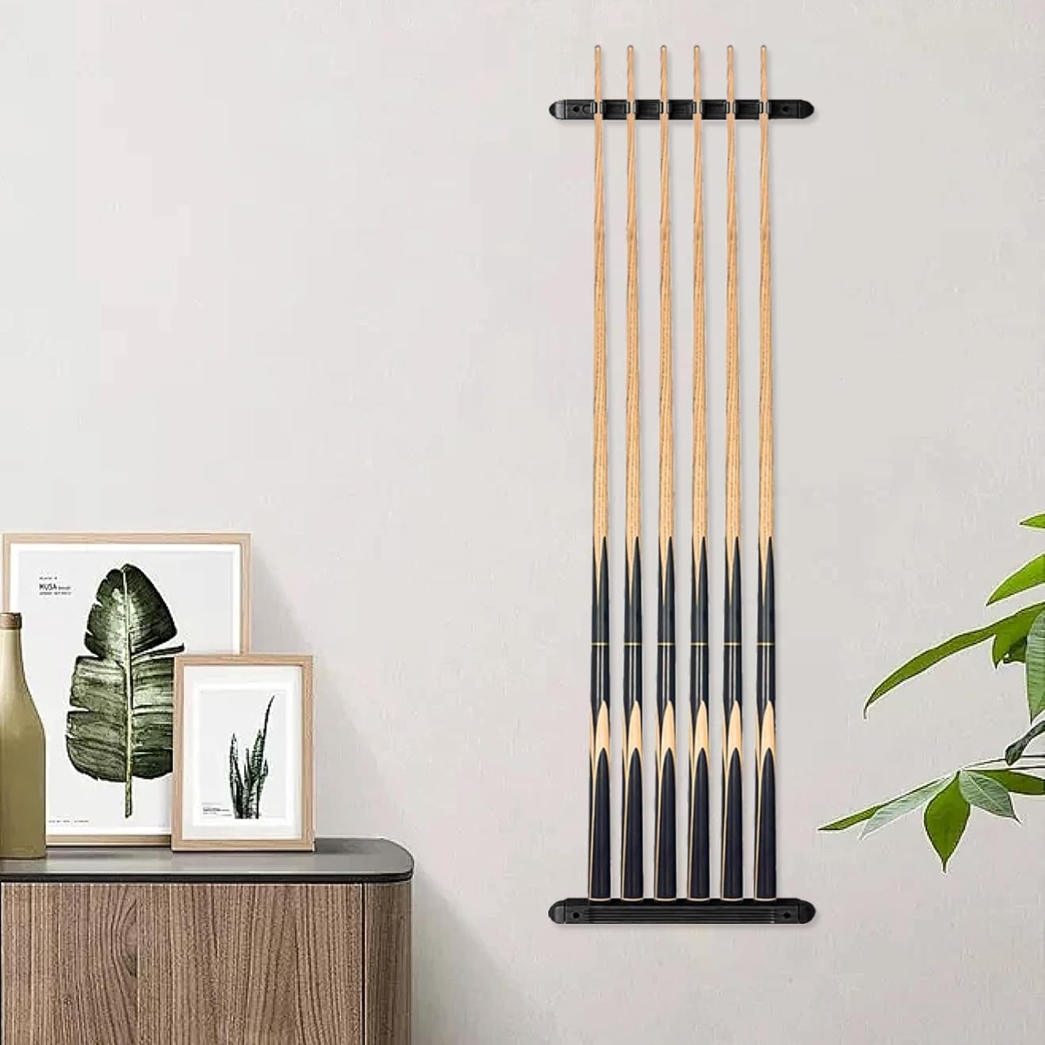 SUPERDIAMOND Pool Stick Holder Wall Mounted Pool Cue RackSolid Wood Billiard Stick Holder with Accessory Shelf, Heavy Duty Game Room Organizer, Bar, Home Pub, Rich Grey Finish