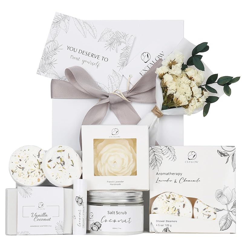 Kit de cuidados corporais EXTALOW com coco e lavanda, com sabonete, esfoliante, bálsamo labial, vela, vaporizadores e buquê