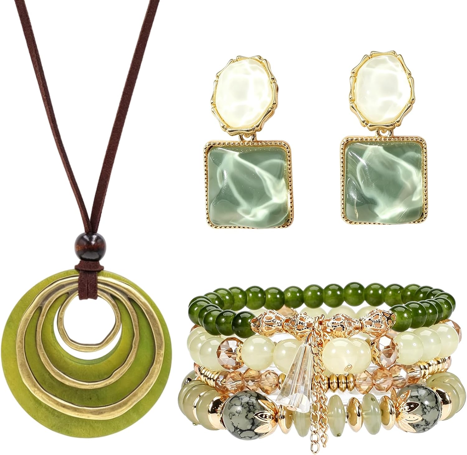 Boho Jewelry Set for Women, Green Necklace, Earrings and Bracelets
