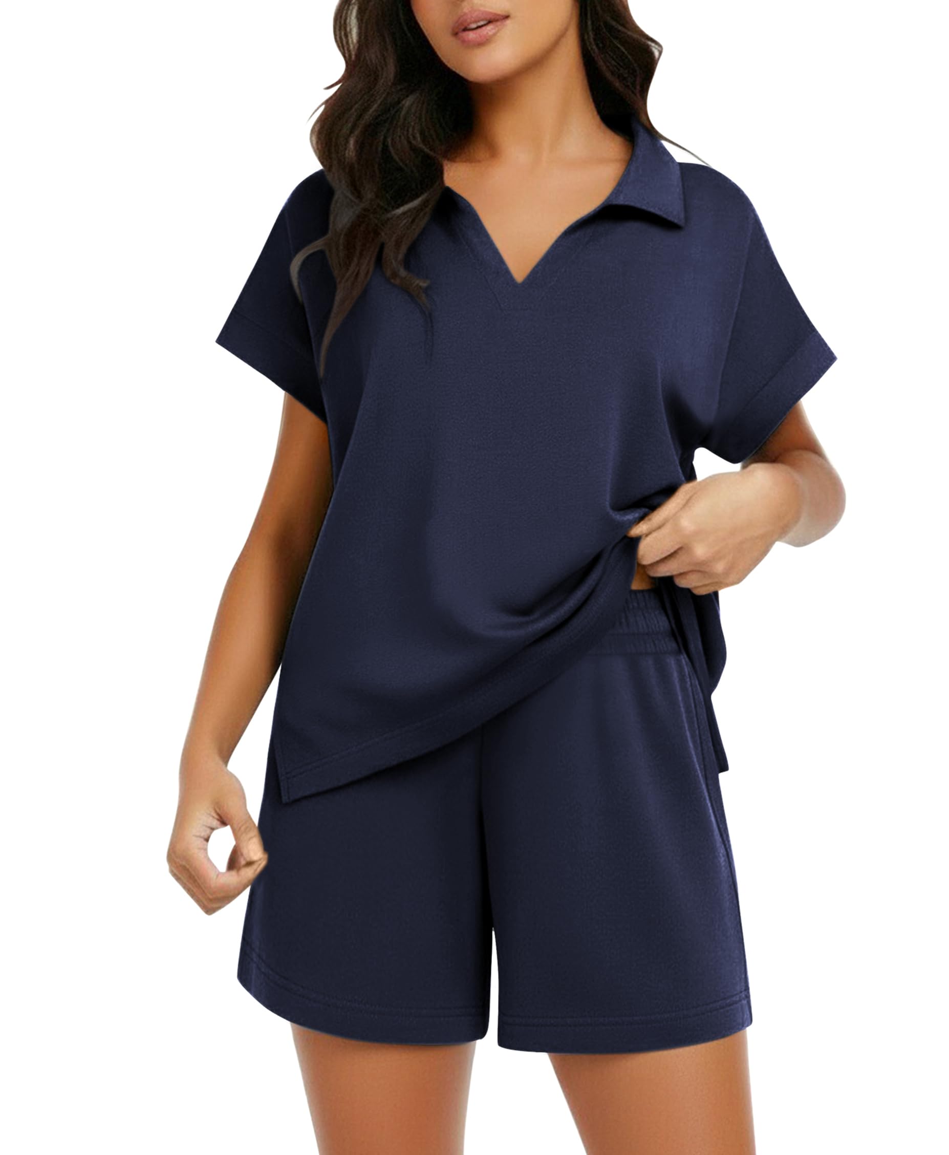 PINSPARK 2 Piece Sets for Women Summer Lounge Sets Short Sleeve Sweatsuit V-neck Tops and Drawstring Shorts Outfits Tracksuit