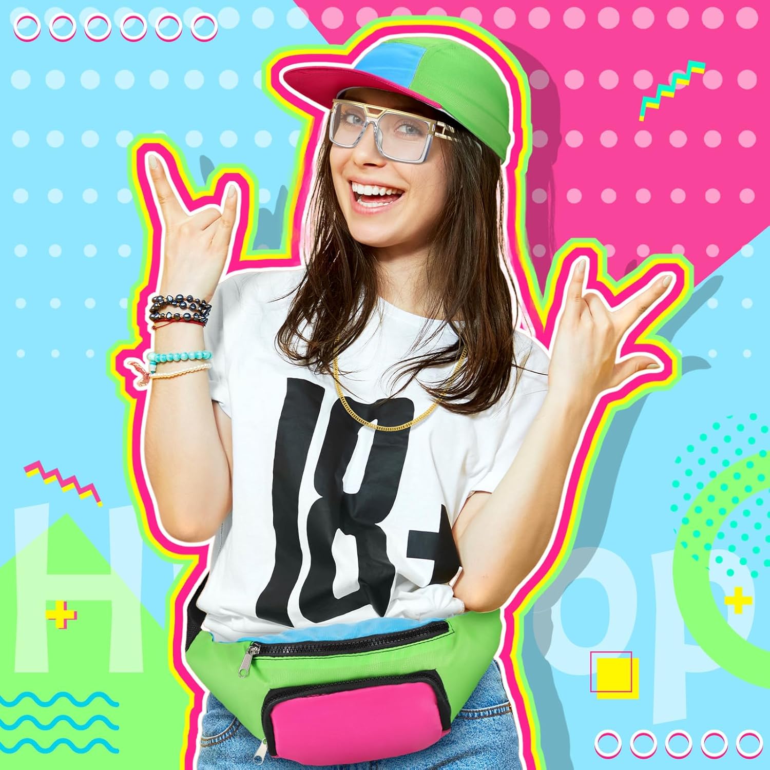 Newcotte 7 Pcs 80s 90s Outfit for Women Hip Hop Costume Unisex Retro 90s Outfits Accessories Gold Neon Chain Earring Glasses Fanny Pack Hat Socks Rapper Inflatable Radio Disco for Halloween 80s Party - Image 6