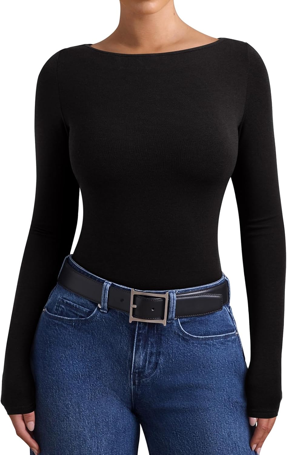 PINKMSTYLE Womens Boat Neck Basic Long Sleeve Tops Slim Fit Business Casual Going Out Top - Image 3