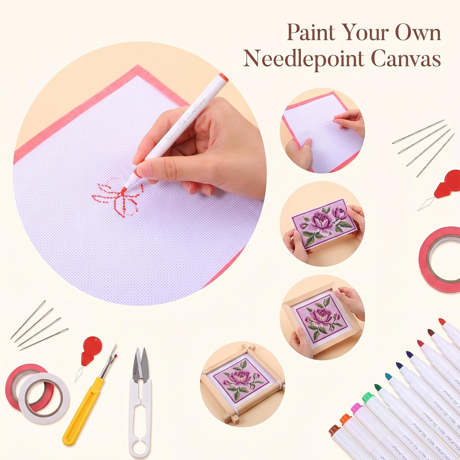 56PCS Needlepoint Canvas Kit Include 6 Blank Canvases Threads & Starter Kit