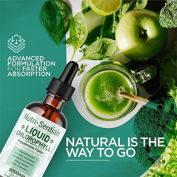 Liquid Chlorophyll Drops for Water 6000mg High Strength, Peppermint Flavour Chlorophyll Drink, Natural Detox & Cleanse, Energy Booster, Antioxidant Support, 60ml 60 Servings Vegan Supplement