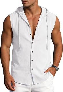 Mens Linen Sleeveless Hoodies Button Down Tank Shirt Summer Casual Beach Lightweight Hawaiian Fashion Tops