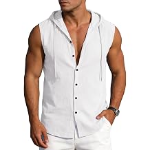 Mens Linen Sleeveless Hoodies Button Down Tank Shirt Summer Casual Beach Lightweight Hawaiian Fashion Tops