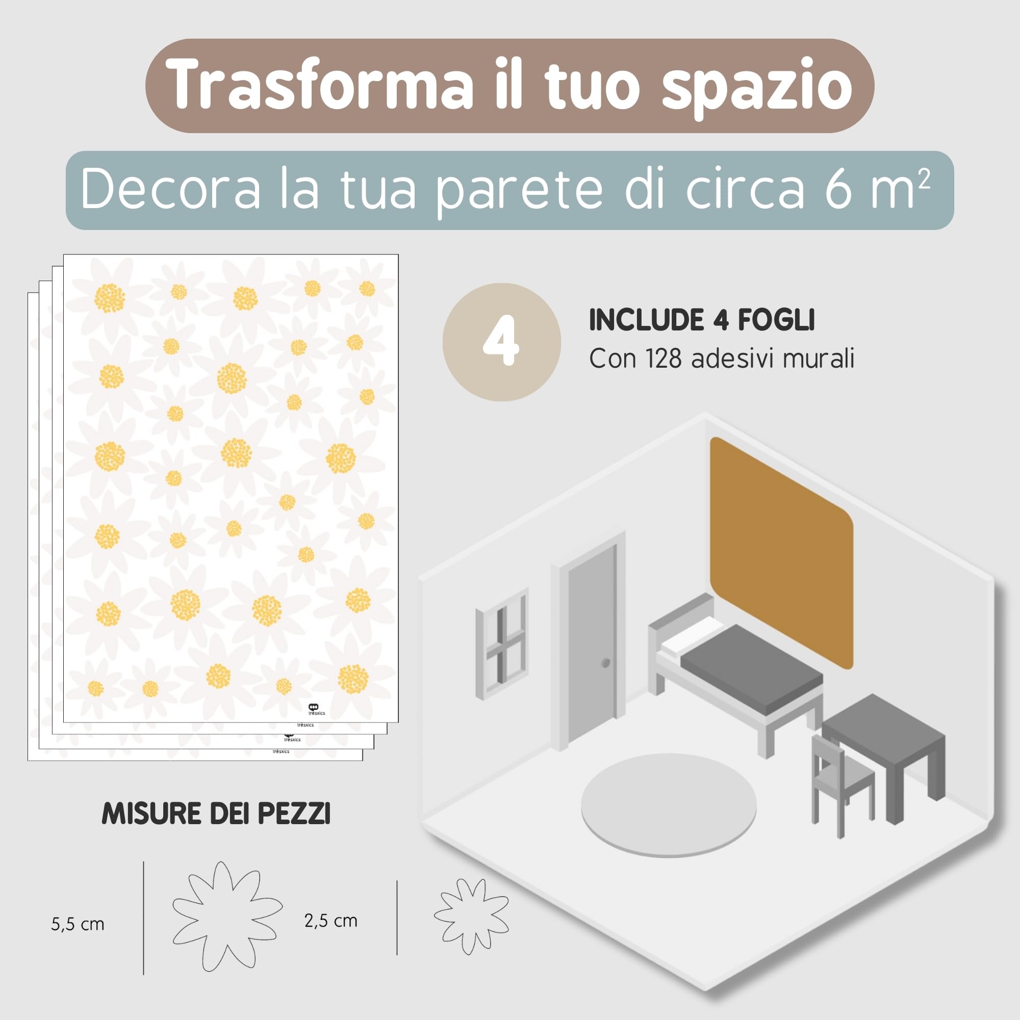 Adesivi Murali Bambini | Adesivi Cameretta Bambino Bimba Fiori | Effetto Carta da Parati Adesiva | Copre 6 m² | 128 pezzi | TRESXICS (Bianco)