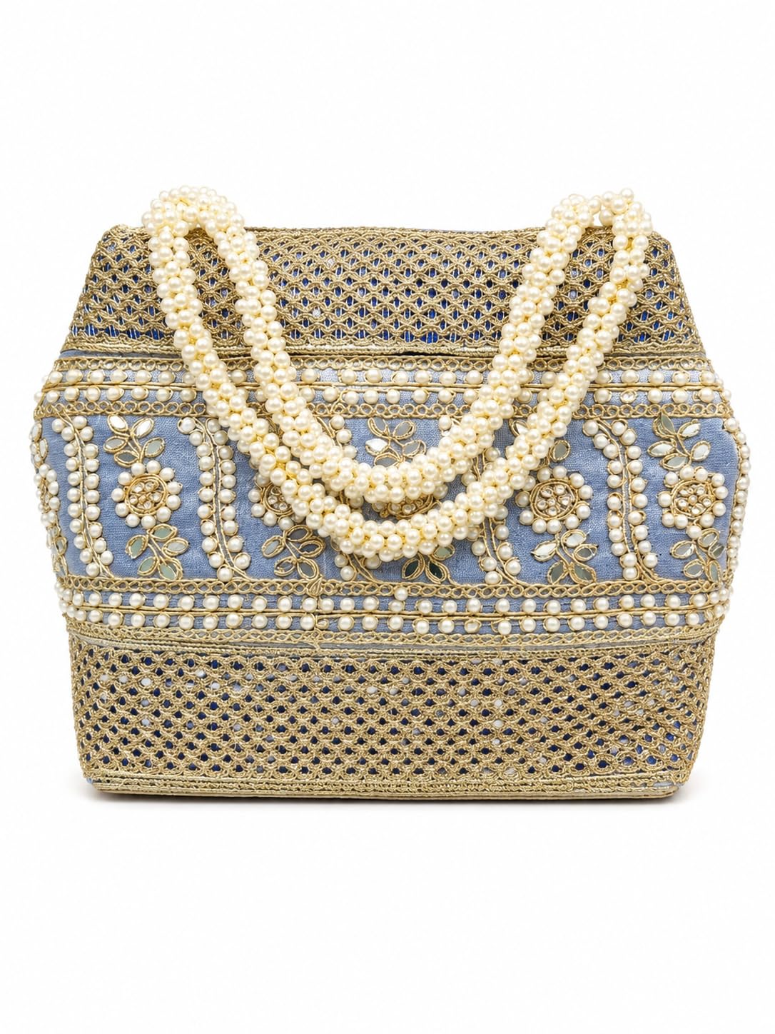 Pearl Handle Embroidered Potli Bag, Blue and Gold-image-34