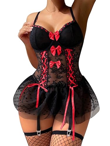 Foxiny Sexy Stocking Corset Babydoll Mesh Sheer Lace Up Ruffle Underwire Garter Lingerie with Thong Set 3 Piece - Short - Medium - Black Red