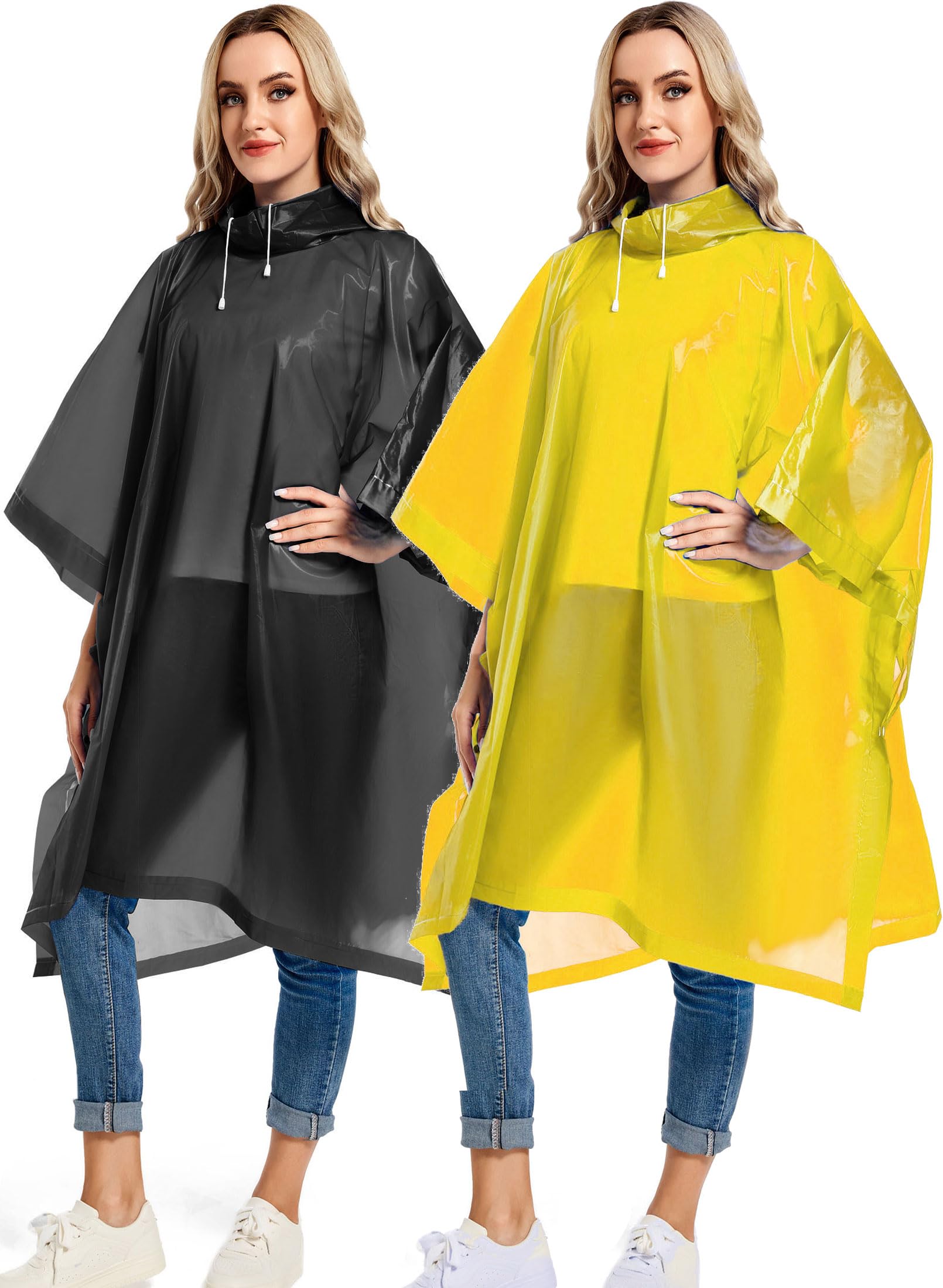 Reusable Rain Ponchos with Drawstring Hood for Adults, Waterproof Thicken Rain Coat, 2 Packs