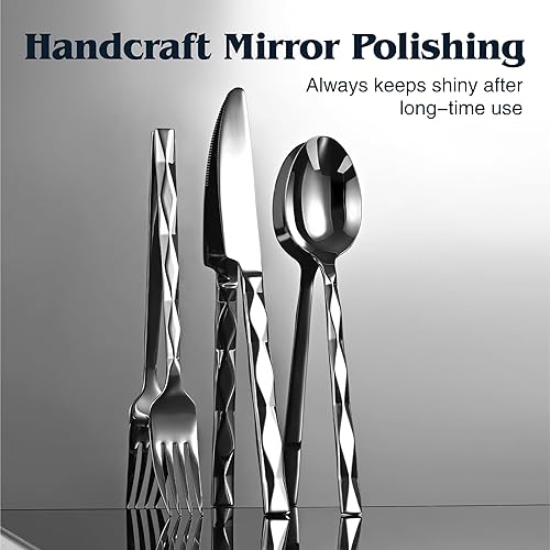 Miniatura 5 de KINGSTONE Juego de cubiertos de lujo de 20 piezas para 4, juego de cubiertos de acero inoxidable 1810 con patrón de corte de diamante para cocina,