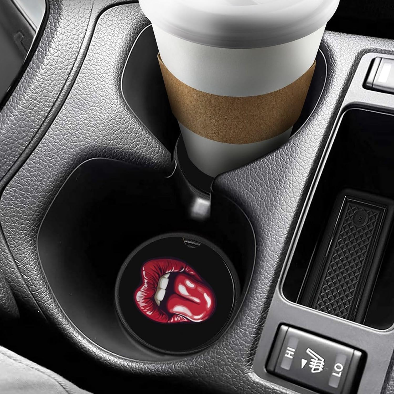 Red Lips and Tongue Car Cup Holder Coaster with Cork Base 2.6 Inches Anti Slip