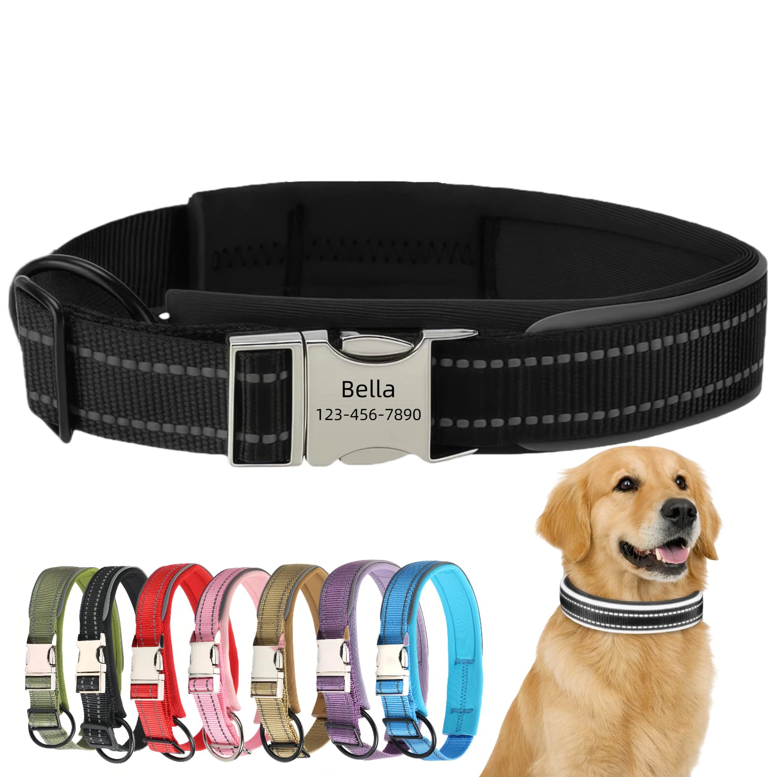 Personalised Dog Collar with Custom Engraved Name Plate Reflective Collar with Quick Release Metal Buckle Adjustable Waterproof Soft Padded Nylon for Puppy and Small Dogs (Black, S) — image 1