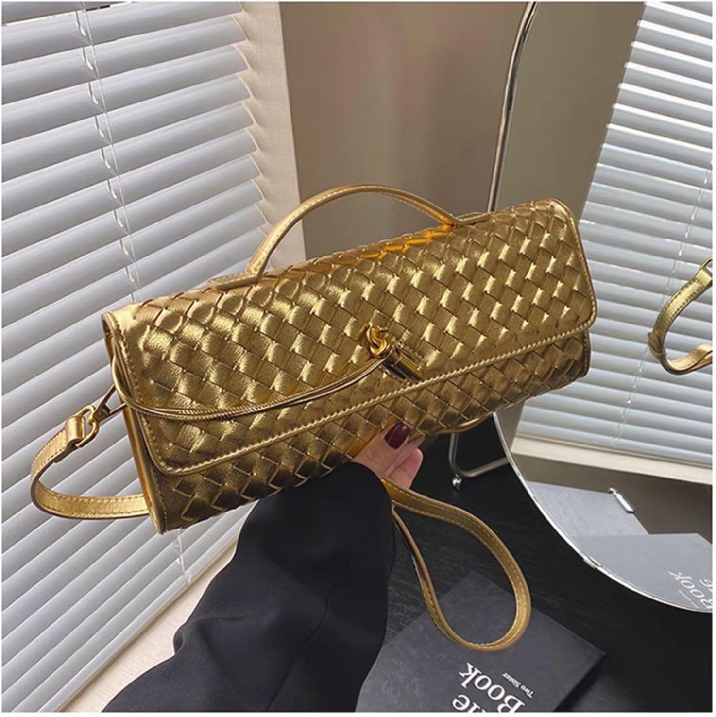 Woven Clutch Purses for Women, PU Leather Evening Bag,Crossbody Shoulder Handbag with Detachable Strap