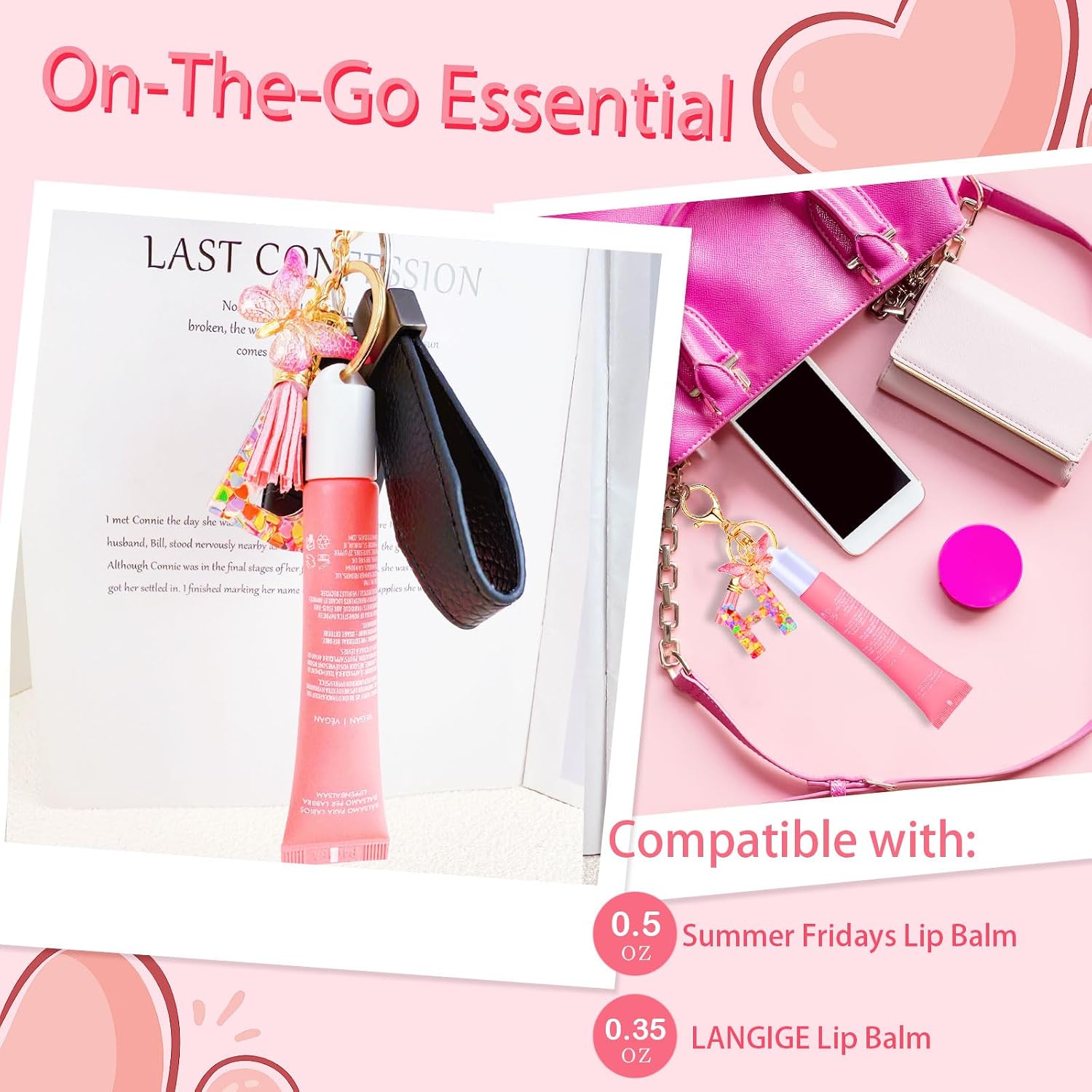 Initial Letter Keychain Cap for Summer Fridays,Glossier, Cute Lip Balm Gloss Keychains Portable Lipgloss Holder for Women Wallet Backpack Bag Charms Personalized Accessories 2pcs Kit Letter-H image 3