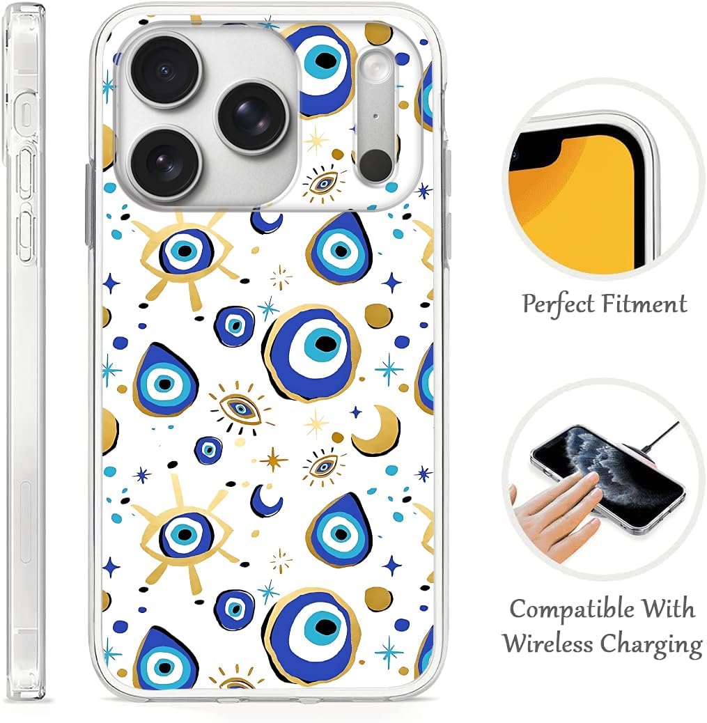Compatible for iPhone 17 Pro Case, Fantasy Blue Gold Evil Eye Design Shockproof Soft TPU Slim Clear Case image 2
