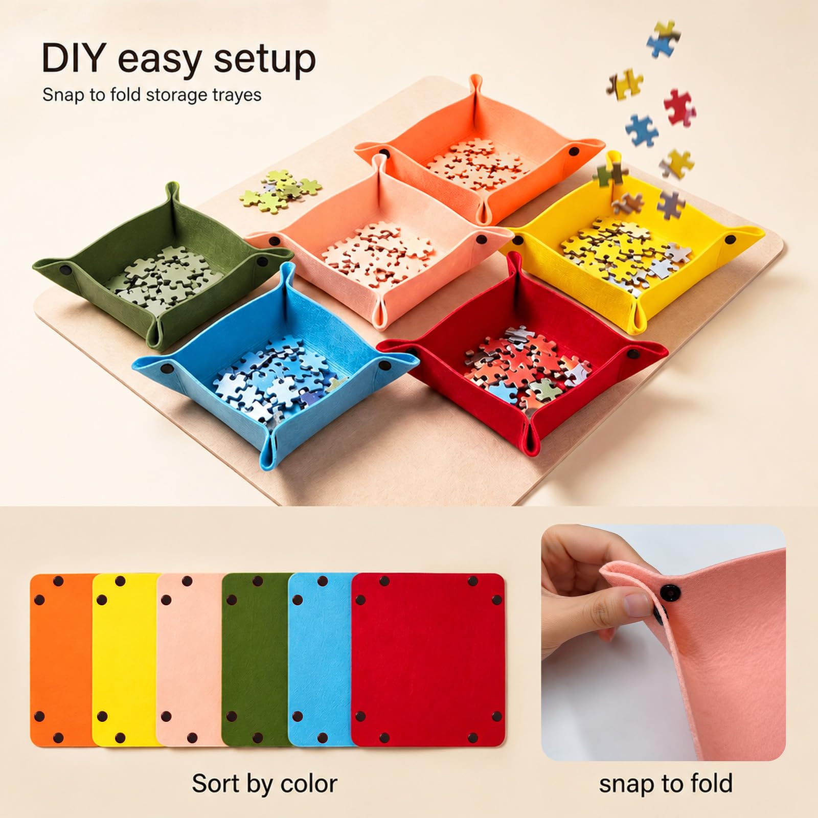 Plateau de Puzzle Pliable 1000 Pièces avec 6 Bols de Tri Colorés, Couverture 2-en-1 et Support de Puzzle, Gris Clair