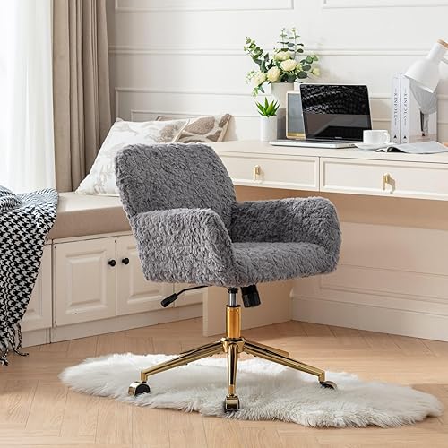 Miniatura 8 de Goujxcy Silla de oficina, silla de oficina en casa con base de metal dorado, silla de escritorio ajustable, silla de oficina giratoria, silla de
