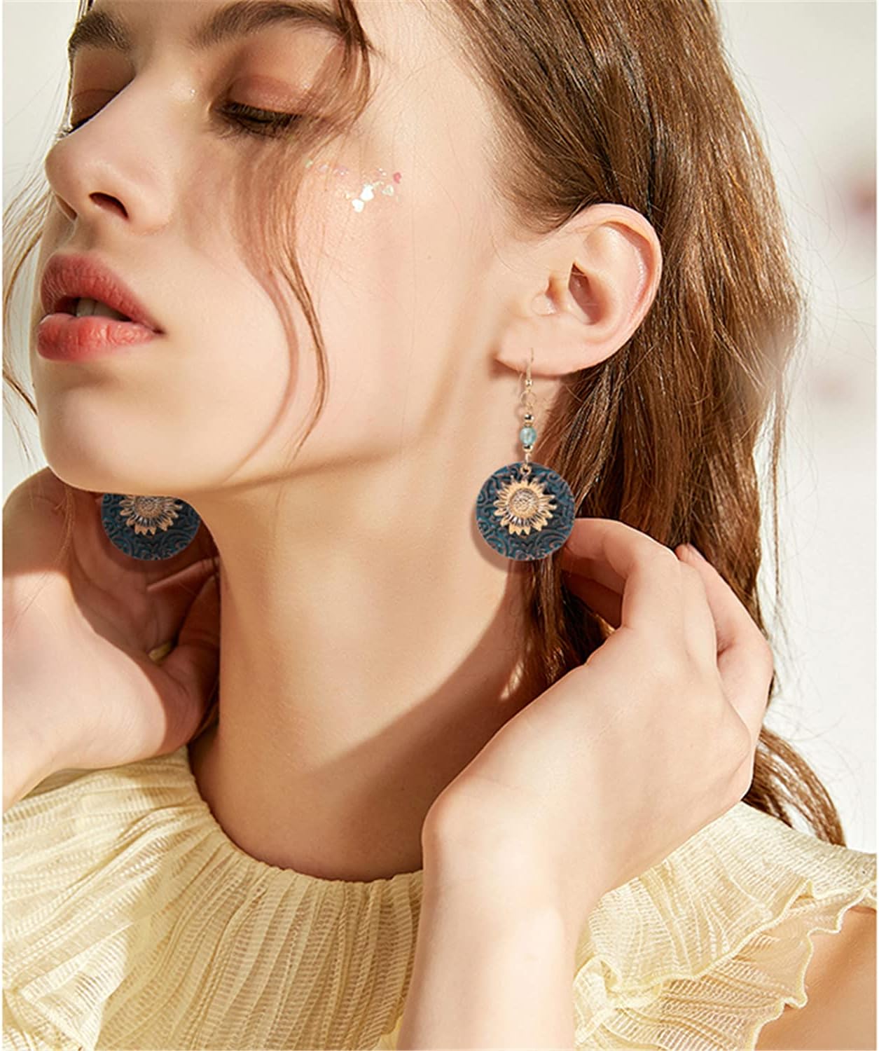 ANDPAI Unique Bohemian Vintage Bronze Double Layer Sunflower Dangle Drop Earrings Handmade Metal Retro Yellow Gold Flower Round Circle Earrings for Women Statement Jewelry Gifts - Image 7