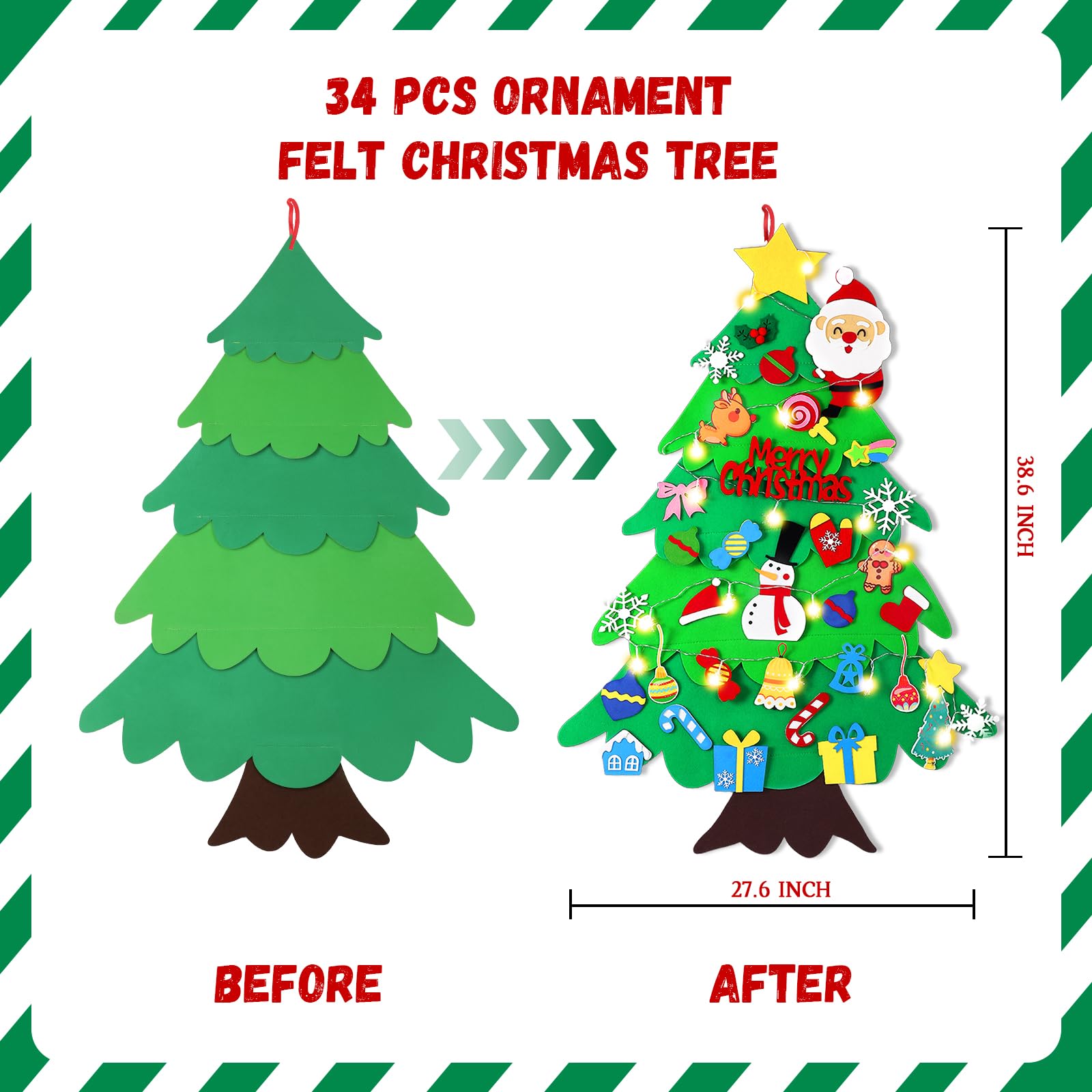 Filz-Weihnachtsbaum für Kinder – 100 cm Wandfilz-Weihnachtsbaum für Kleinkinder mit Lichtern und 34 Ornamenten, DIY Weihnachtsdekorationen